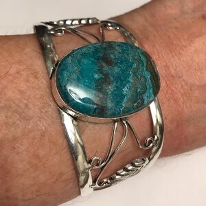 Chrysocolla Stamped Solid 925 Sterling Silver Cuff Bracelet